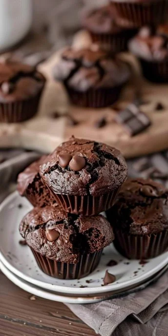 Muffins de chocolate esponjosos recién horneados en un plato.