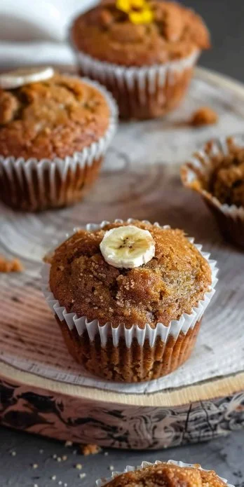 Muffins de plátano recién horneados sobre una mesa de madera