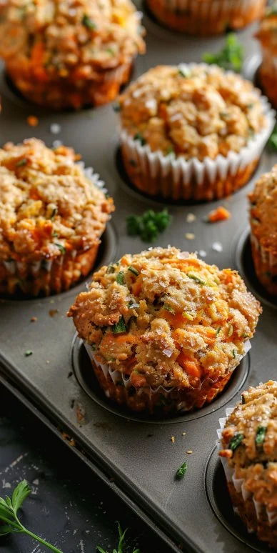 Muffins de zucchini y zanahoria recién horneados, saludables y deliciosos.