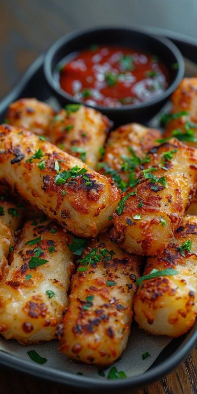 Palitos de mozzarella crujientes cocinados en air fryer.