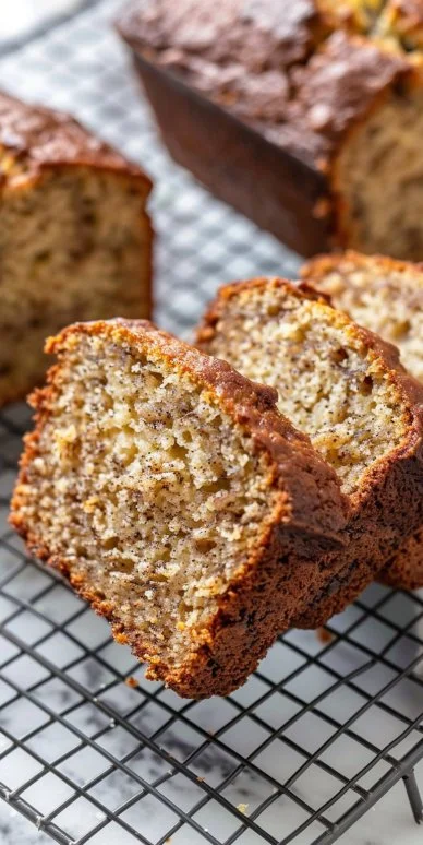 Receta de pan de banana esponjoso recién horneado.