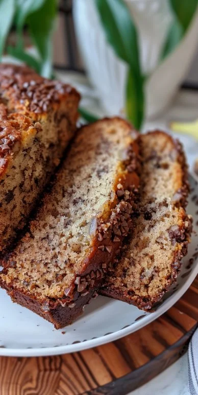 Pan de banana esponjoso recién horneado con plátanos maduros.