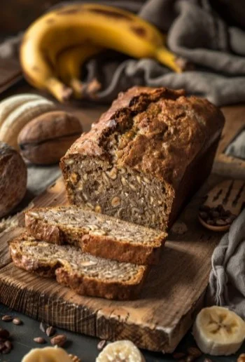 Sliced healthy banana bread on a wooden table