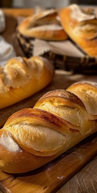 Delicioso pan francés recién horneado con textura crujiente y suave interior
