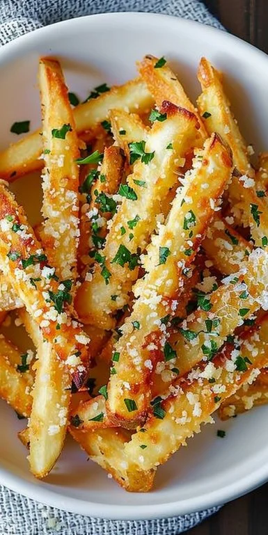 Papas fritas al ajo y parmesano cocinadas en freidora de aire, crujientes y sabrosas