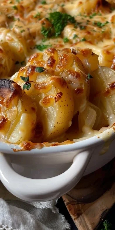 Papas gratinadas con queso derretido y hierbas frescas en un plato