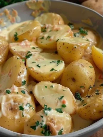 Plato de papitas con crema servido en un tazón, decorado con hierbas.