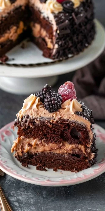 Pastel alemán esponjoso y delicioso decorado con frutas y crema.