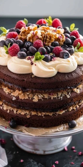 Rebanada de pastel alemán decorado con crema y frutas frescas