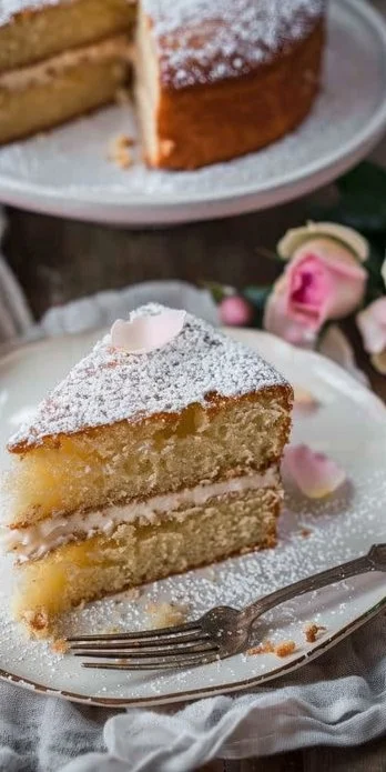 Pastel de vainilla casero decorado con crema y frutas frescas