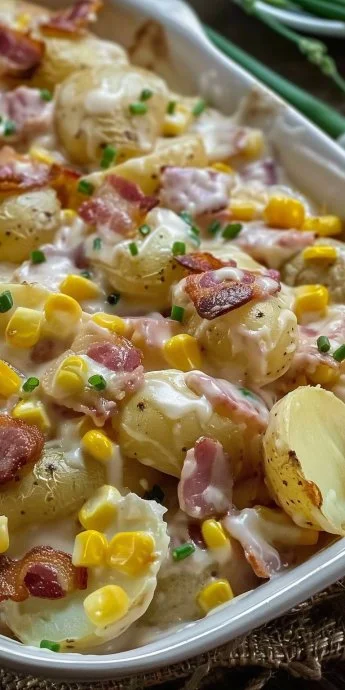 Plato de Patatas Cremosas con Bacon y Maíz, una deliciosa receta casera.