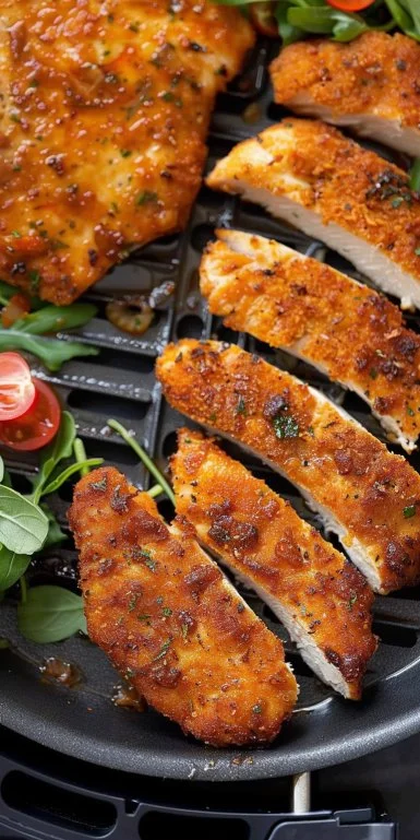 Pechuga de pollo deshuesada cocinada en freidora de aire con guarnición.