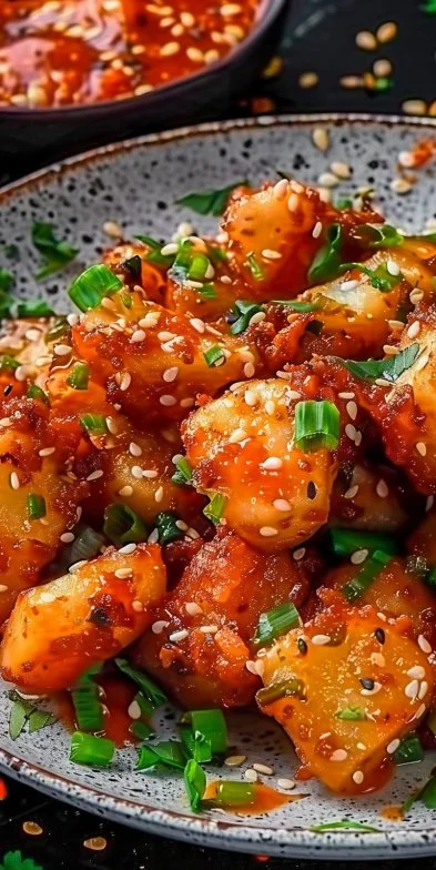 Plato de Papas Koreanas Crujientes servidas con salsa