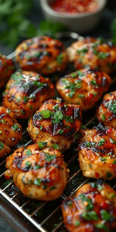 Pollo cocinado en airfryer, jugoso y crujiente, listo para servir.