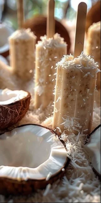 Postre de leche de coco decorado con frutas frescas.