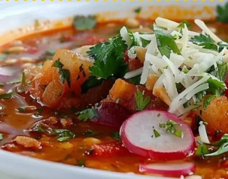 Delicioso pozole rojo servido en un plato tradicional mexicano
