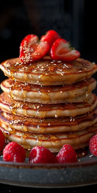 Panqueques de harina de coco servidos con frutas frescas y sirope