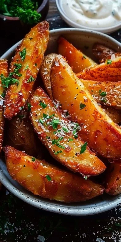 Papas wedges crujientes recién horneadas con especias.