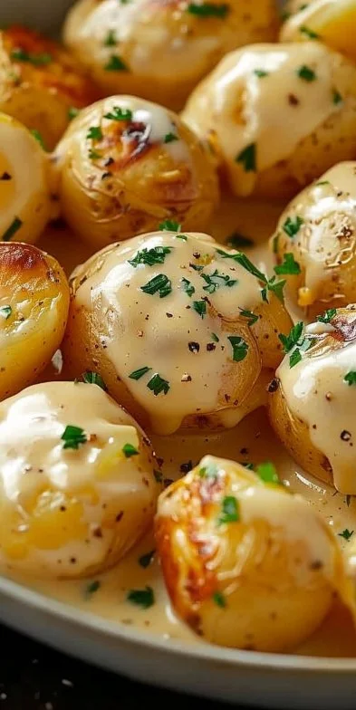 Salsa de ajo cremosa acompañada de papas baby en un delicioso plato