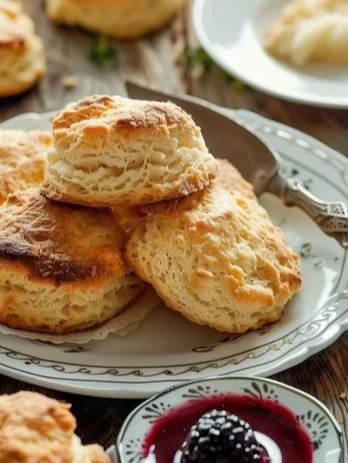 Scones recién horneados con natillas y frutas en un plato