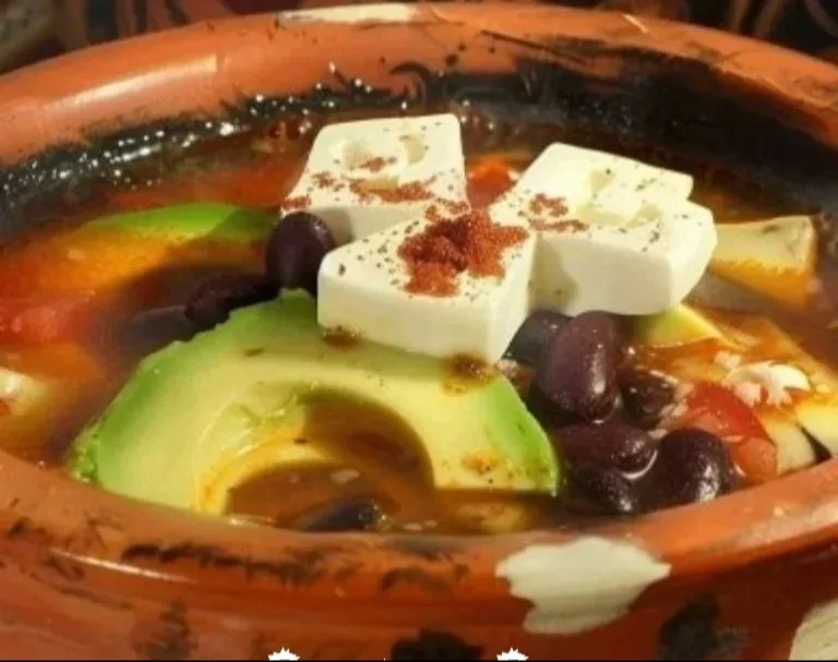 Sopa Azteca tradicional con tortillas y chiles en un plato hondo