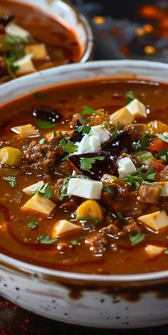 Plato de Sopa Azteca con Chile Pasilla servido con aguacate y tortillas.