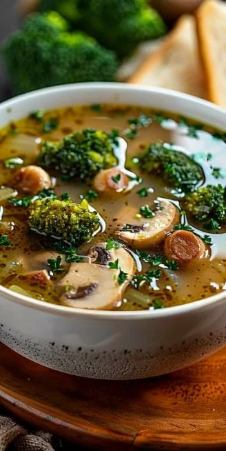 Sopa de Brócoli y Champiñones en un tazón, ideal para una comida nutritiva.