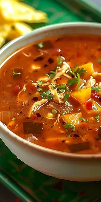 Sopa de Calabacitas a la Mexicana con Pollo en un plato colorido