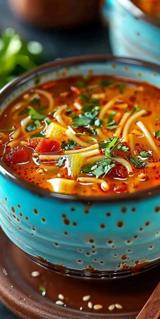 Plato de sopa de fideo casera con ingredientes frescos y coloridos