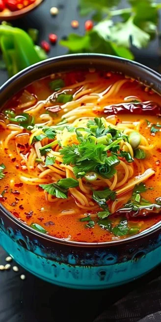 Tazón de Sopa de Fideo con Chile Guajillo, un platillo tradicional mexicano