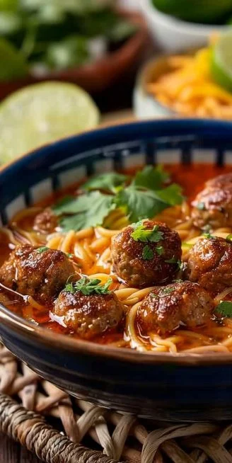 Sopa de fideos con albóndigas en un plato sobre una mesa