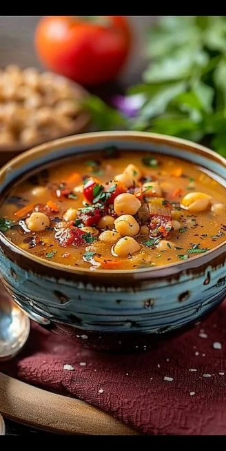 Tazón de sopa de garbanzos caliente y humeante con verduras frescas.