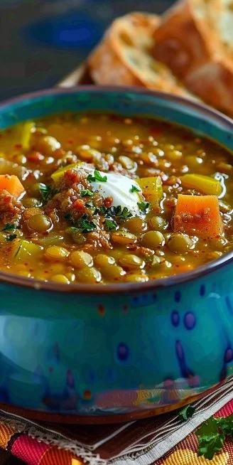 Sopa de Lentejas con Chorizo en un bol, decoración con hierbas frescas.