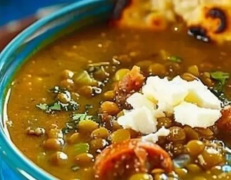 Tazón de Sopa de Lentejas con Chorizo humeante, decorado con cilantro fresco