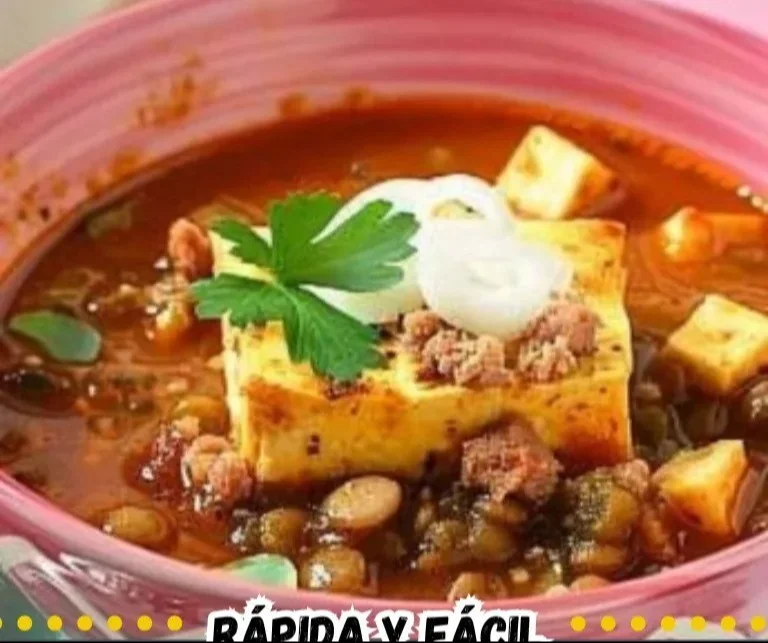 Sopa de Lentejas con Chorizo y Bacon en un plato hondo, colorido y apetitoso.