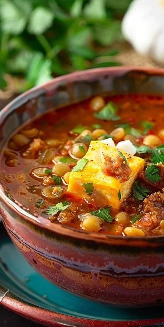 Sopa de lentejas con chorizo y tocino en un plato hondo