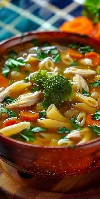 Sopa de pasta con pollo en un tazón, un plato reconfortante y sabroso.
