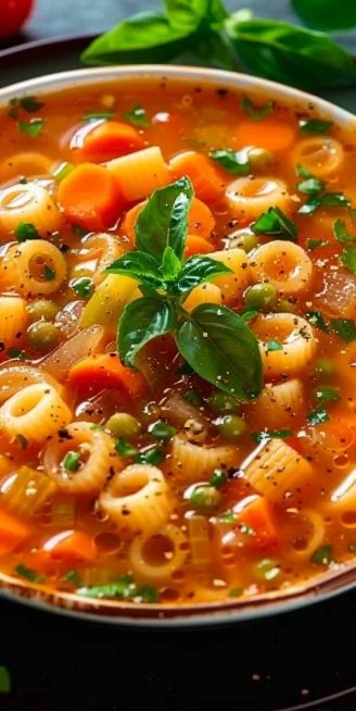 Plato de sopa de pasta con verduras frescas en un tazón.