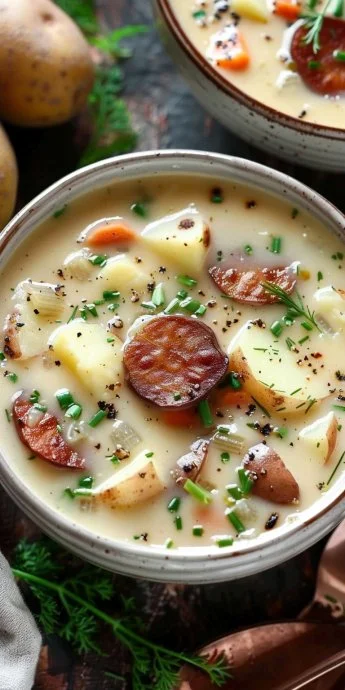 Deliciosa Sopa de Patata Polaca (Kartoflanka) servida en un tazón.