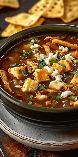 Tazón con Sopa de Tortilla Bicolor decorado con aguacate y queso fresco