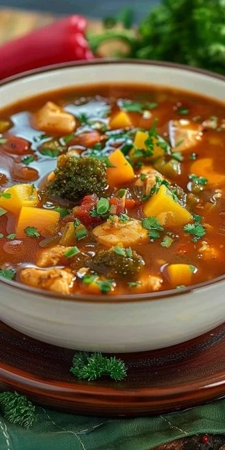 Sopa de verduras con pollo y chile guajillo en un plato hondo