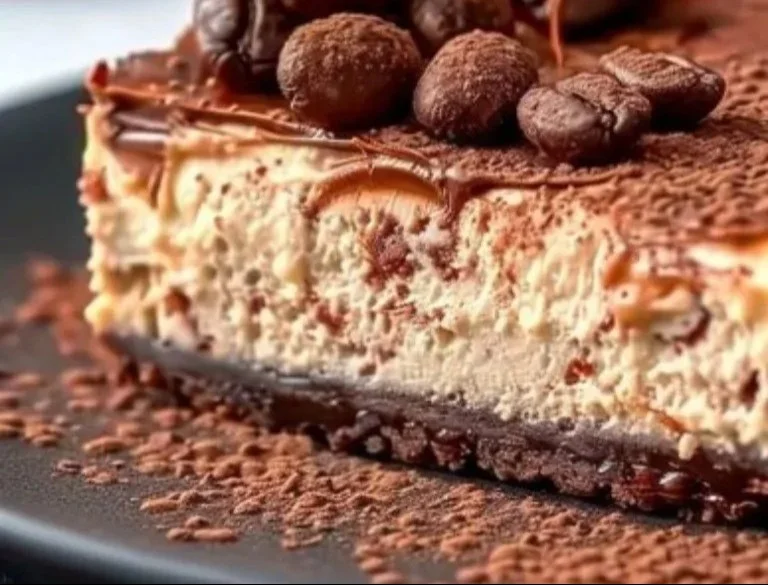 Tarta de queso de chocolate y café, un postre cremoso y delicioso.