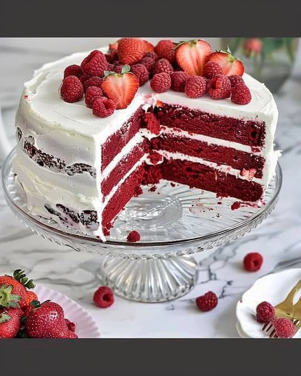 Tarta red velvet decorada con frutos rojos frescos y crema suave