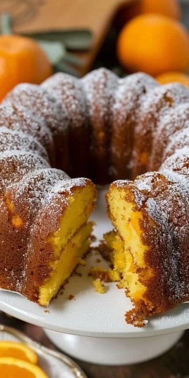 Torta de mandarina esponjosa decorada con rodajas de mandarina fresca