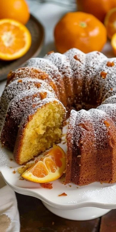 Torta de mandarina esponjosa decorada con rodajas de mandarina y crema