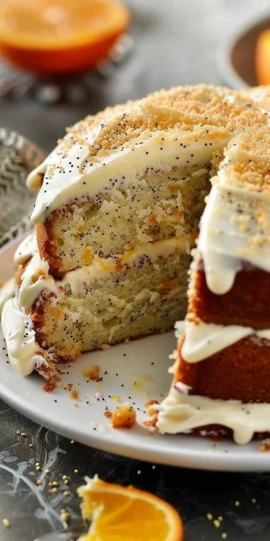 Rebanada de torta de naranja y semillas de amapola sobre una mesa decorada.