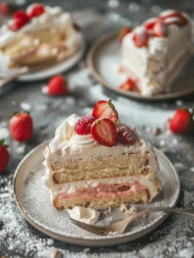 Torta de vainilla esponjosa decorada con crema y fresas