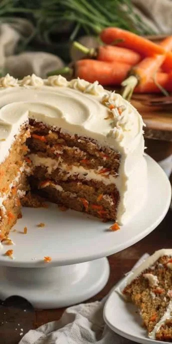 Torta de zanahoria casera decorada con crema y nueces