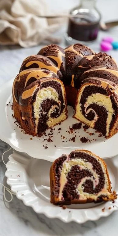 Torta marmolada con un hermoso diseño de capas de chocolate y vainilla