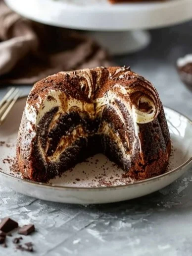 Torta Marmolada de chocolate y vainilla decorada en un plato